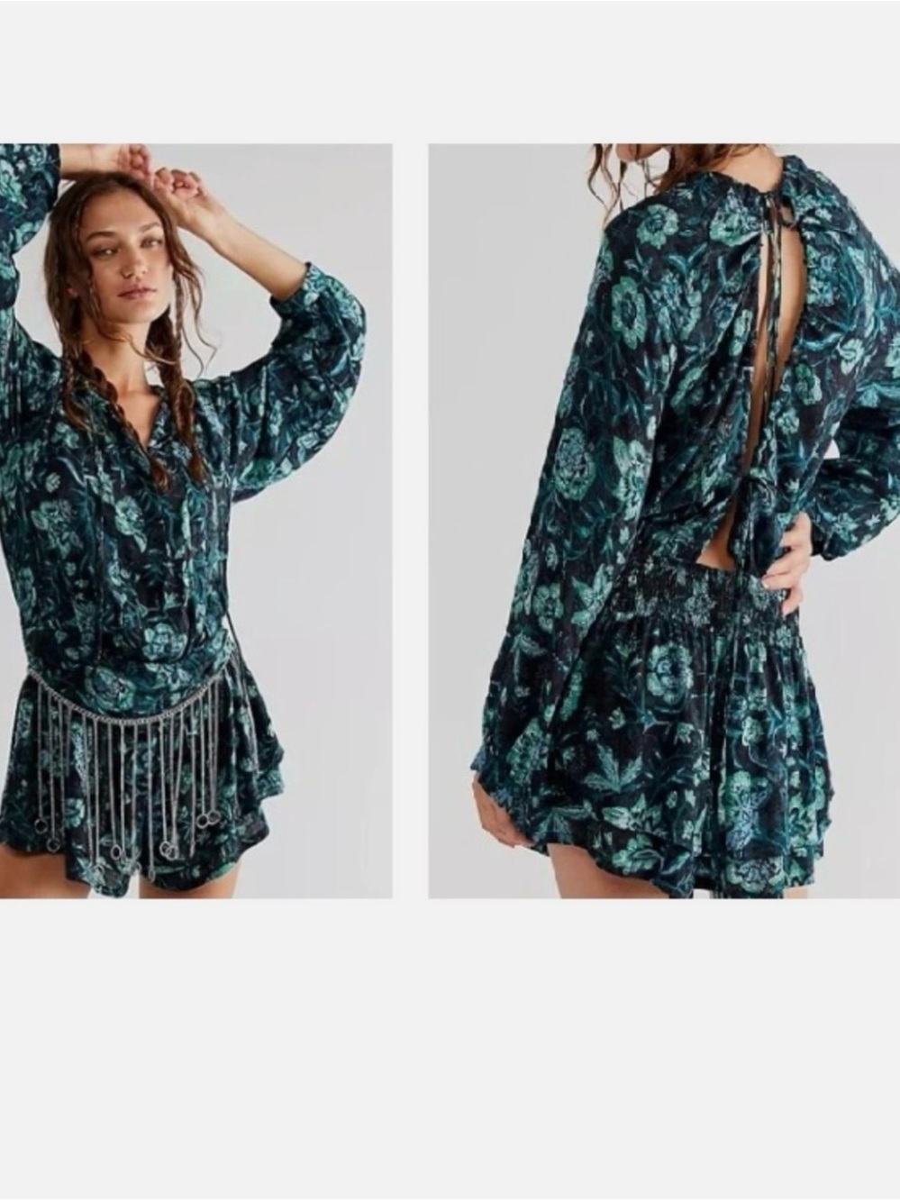 Free People Teal Floral Long-Sleeve Mini Dress